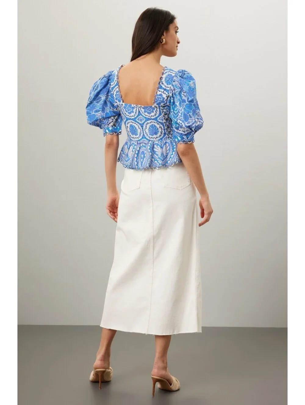 FARM Rio Blue Motif Puff Sleeve Peplum Top XL NWT